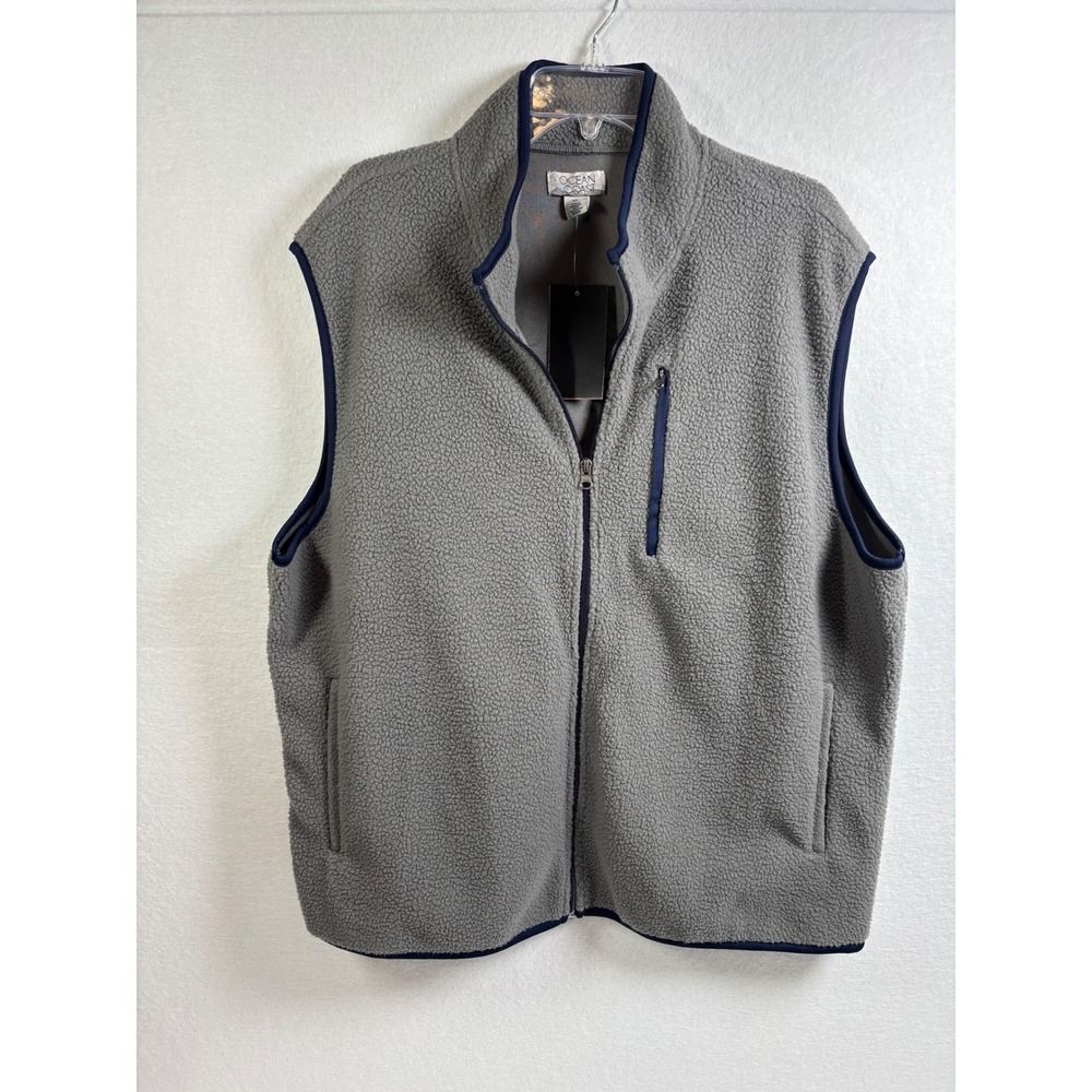 Ocean Coast Mens Sherpa Fleece Vest Gray Navy Blue Full Zip Pockets XL NEW